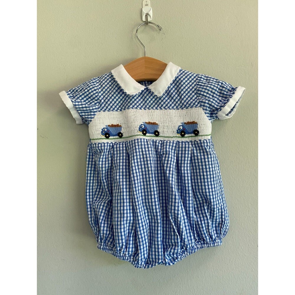 Carriage Boutique Blue Gingham Dumptrucks Smocked Boys Short Sleeve Romper 6M